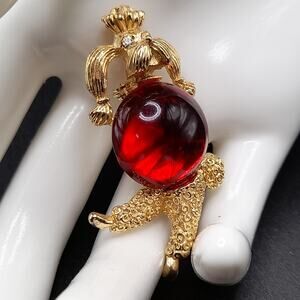 Vintage Poodle Brooch, Gold Tone, Red Glass Cabochon, 1960s Dog Pin